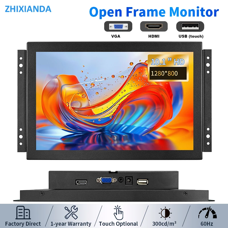 Zhixianda 10.1 Inch Open Frame 1280*800 Industrial Capacitive / Resistive Touch Screen Monitor IPS 16:10 LCD HDMI VGA Display