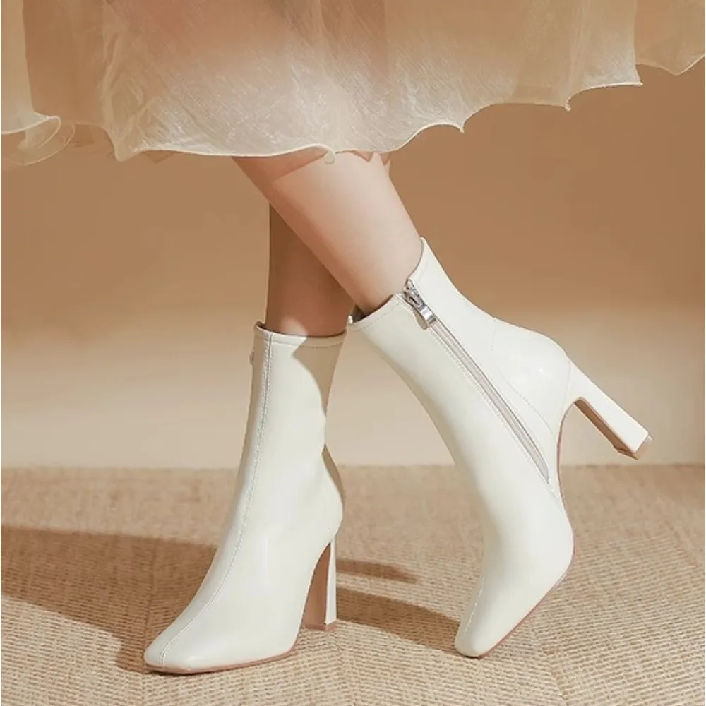 

Женские ботинки на высоком каблуке, осенне-зимние флисовые узкие ботинки с квадратной головкой, короткие ботинки на высоком каблуке, женские эластичные низкие сапоги на грубом каблуке