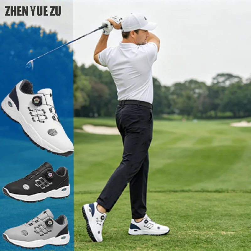 Professional Golf Shoes with Rotary Lock Buckle, Breathable, Shock-Absorbing, Non-Slip, Comfortable Support for Golf Course Swing Movements, Men's Casual Sports Shoes