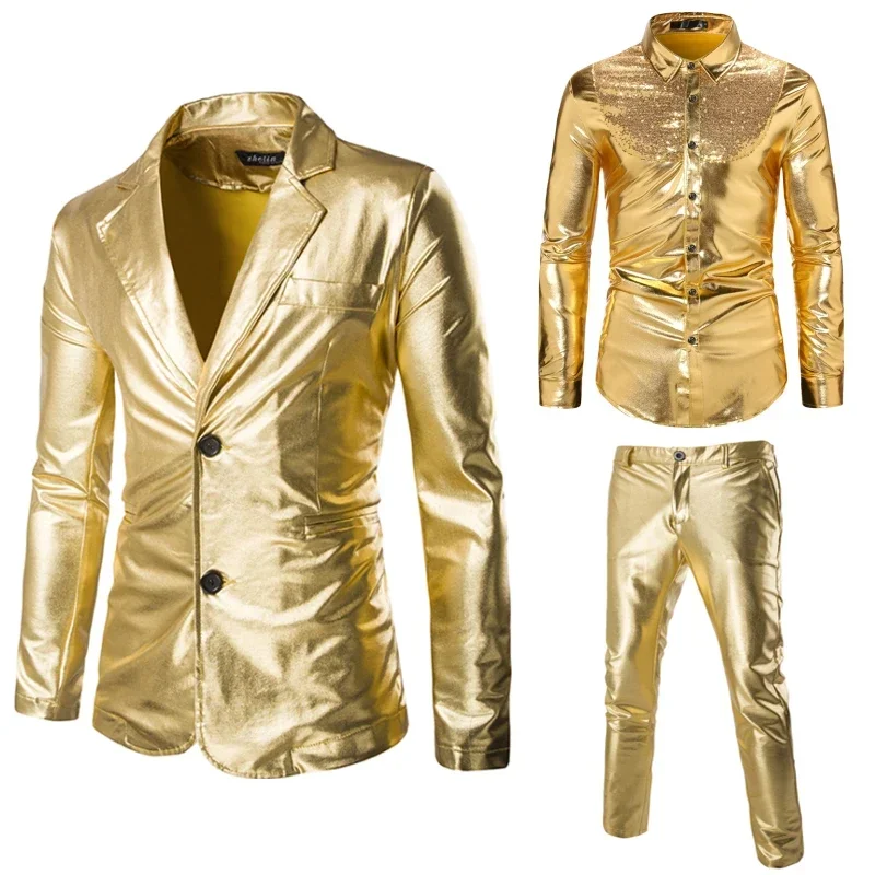 

Мужской костюм-тройка класса люкс 2026: приталенный, однотонный, блестящий, золотой, для вечеринок, ночных клубов, диджеев (пиджак, брюки, рубашка)