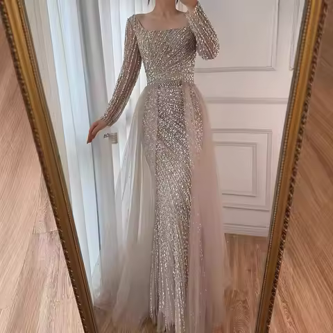 Customized Luxury Beaded Mermaid Evening Dress Long Sleeves For Women Formal Party Prom Dress Formal Special Occasion Dresses