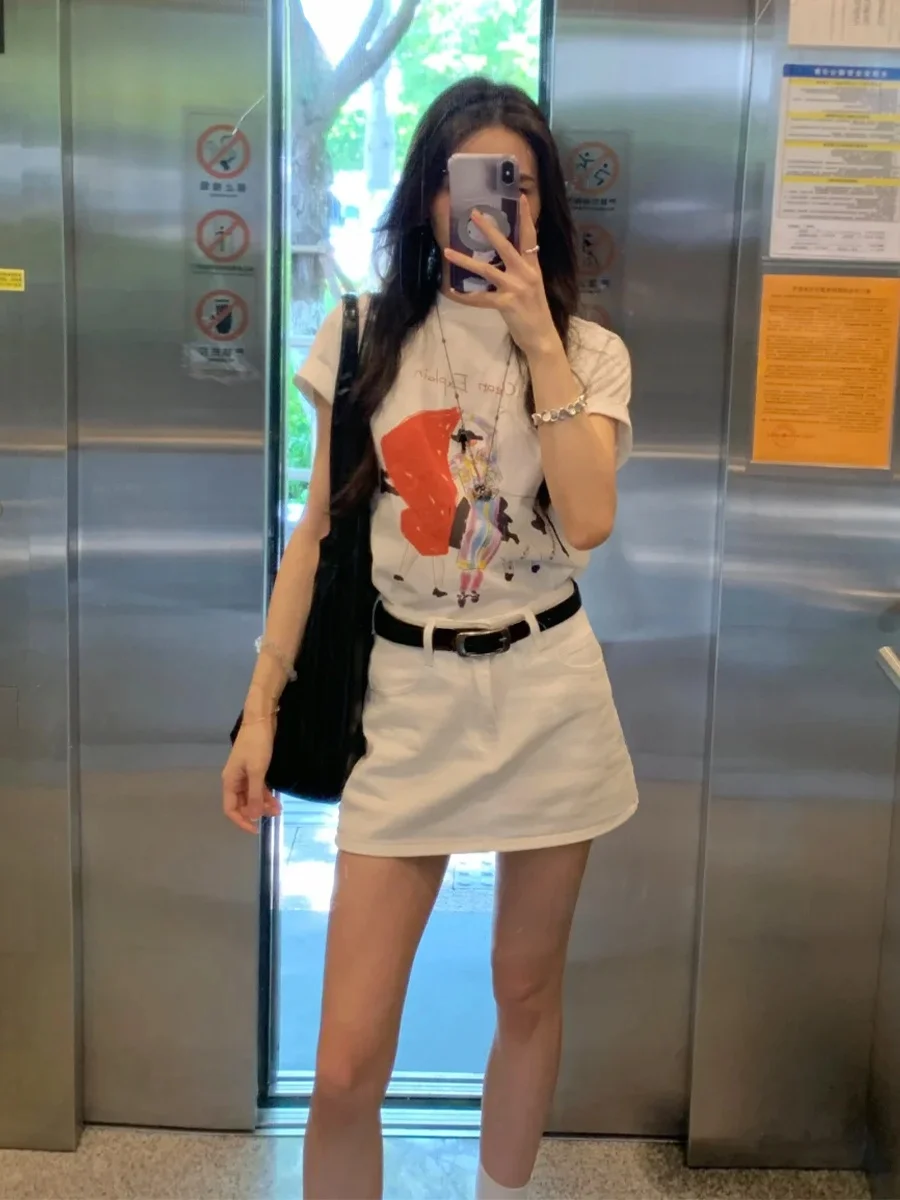 

White High Waist A-Line Skirt Women's plus Size Loose Slimming Denim Skirts Trendy Casual Pure Color Summer 2025