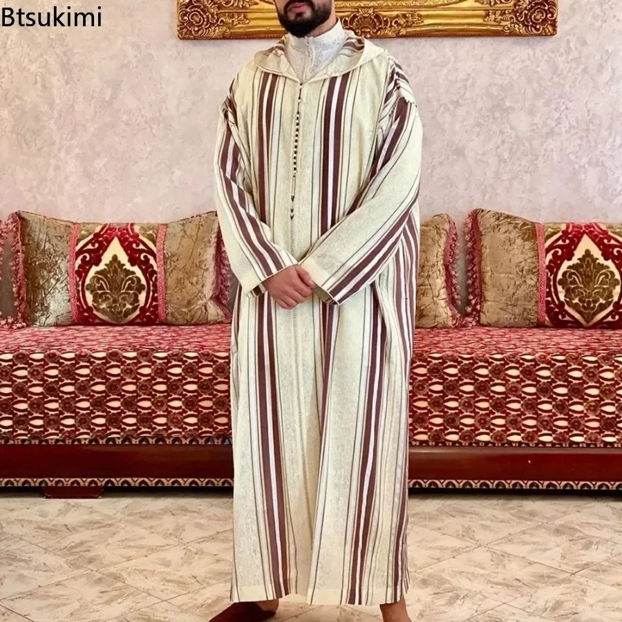 Baru 2025 Muslim Jubba Thobe pakaian Hoodie pria jubah Ramadan Kaftan Abaya Dubai Turki pakaian Islami pria kasual longgar jubah