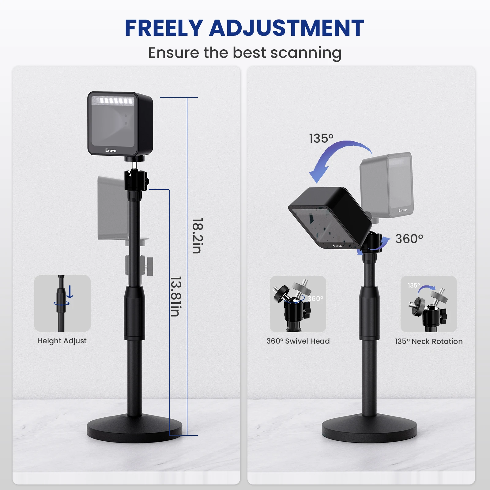 Eyoyo 1D 2D Hands-Free Barcode Scanner with Height Adjustable Stand Desktop Bar Code Scanner with Automatic Sensing Scanning