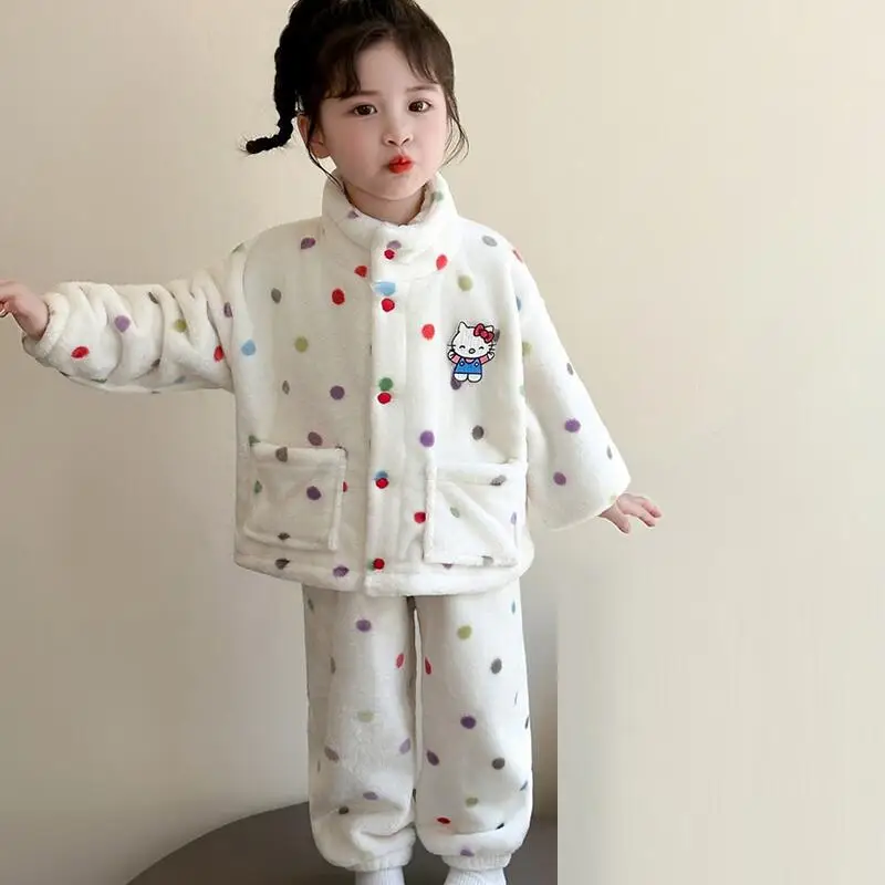 سانريو الساخن مرحبا كيتي الفانيلا منامة 2 قطعة مجموعة الطفل بلايز السراويل الشتاء فتاة Kawaii أنيمي الكرتون موضة جديدة ملابس منزلية غير رسمية