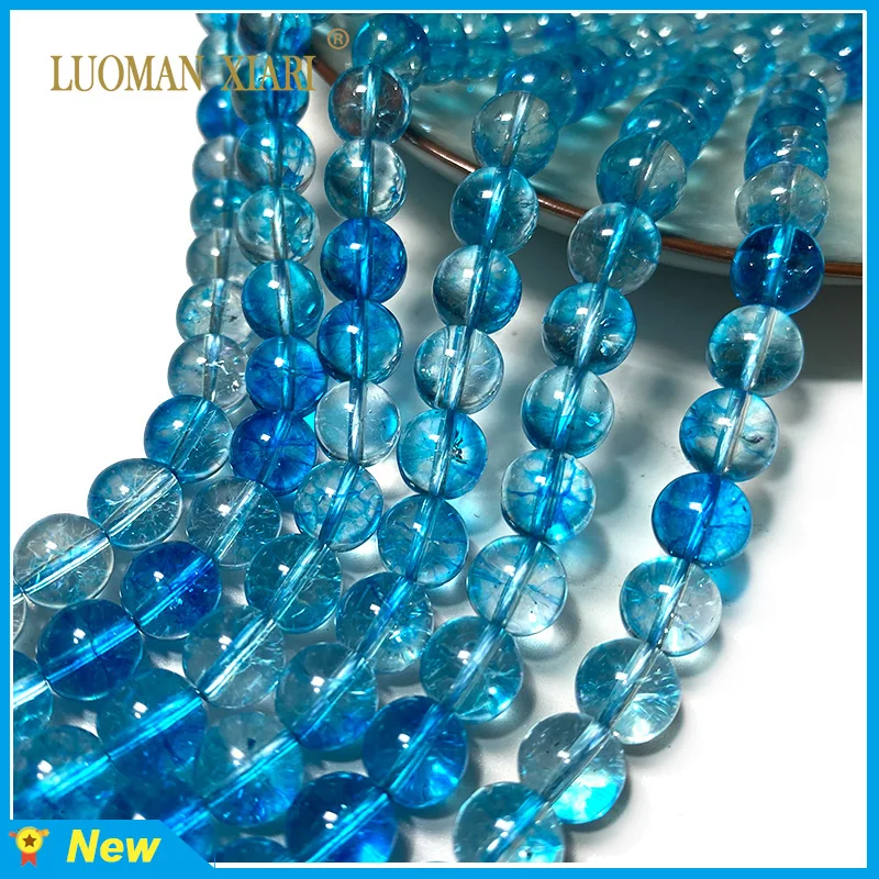 Natural Stone Beads Ocean Blue Topaz Crystal Loose Round Spacer Beads for Jewelry Making Diy Bracelet Accessories 6-10MM 15''