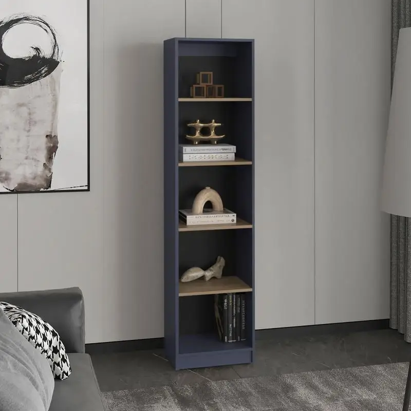 

5-Tier Bookcase with Slim Design for Compact Style Living Room, Bedroom or Office Decor in Natural Oak and Navy Blue
