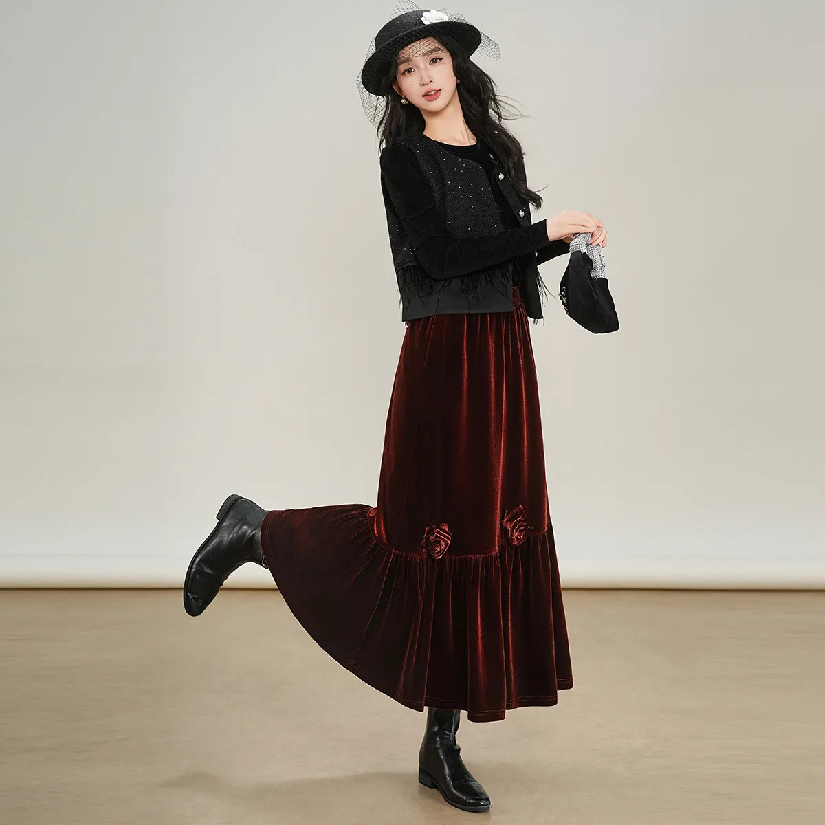 Louisyao moda veludo meia saia longa feminina 2025 outono/inverno flor cintura elástica design original retro saia