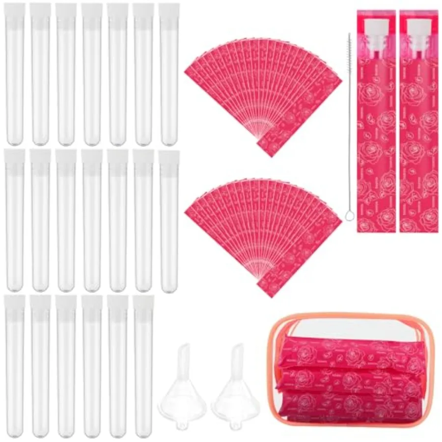 

64 Pcs Tampon Flask Set Includes 20 Reusable Plastic Flasks, 40 Wrappers, 2 Funnels, 1 Storage Bag, 1 Straw Cleaner, Leak-Proof