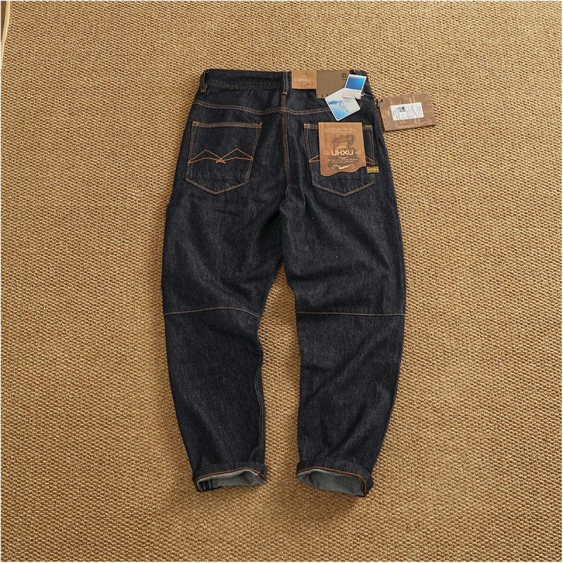 Japanese-style multi-pocket denim pants for men, patchwork loose straight-leg street fashion workwear trousers