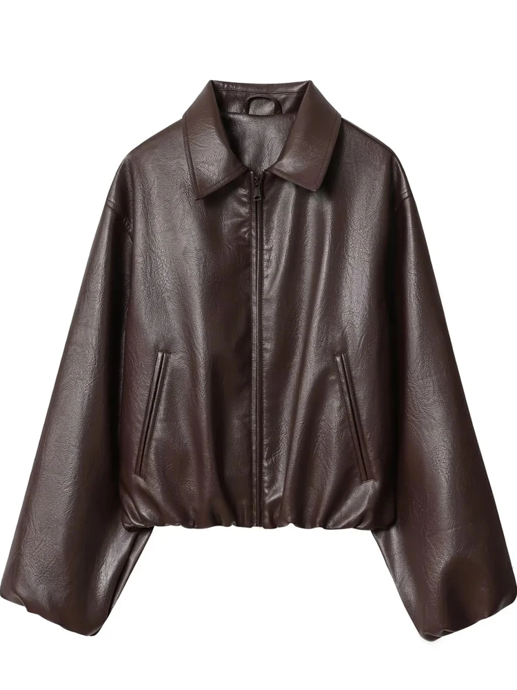 Nuovo autunno High-End Casual Faion Simulazione Pelle Colletto pilota Jaet Cappotto da donna Cerniera Vestibilità ampia Lungo Sve Regular L...