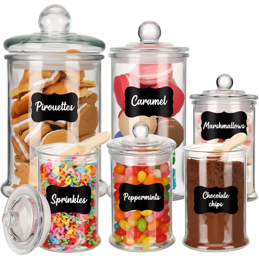 6 Set Christmas Hot Chocolate Bar Supplies Large Glass Jars with Lids Spoons Labels Stickers Decor Cocoa Cookie Storage