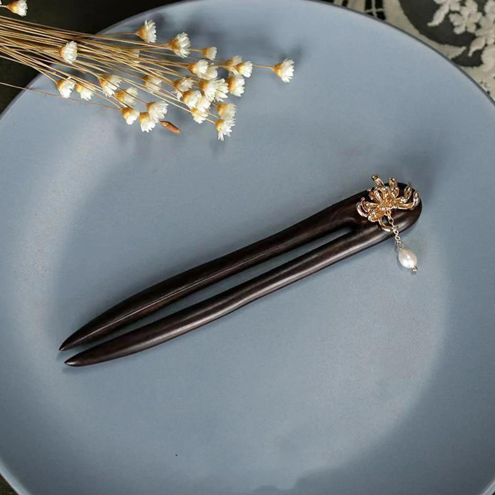 U Shaped Wooden Hair Stick Chinese Style Alloy Flower Decor Antique Hairpin For Hair Updo Hairstyle Hanfu Wedding Daily Wear