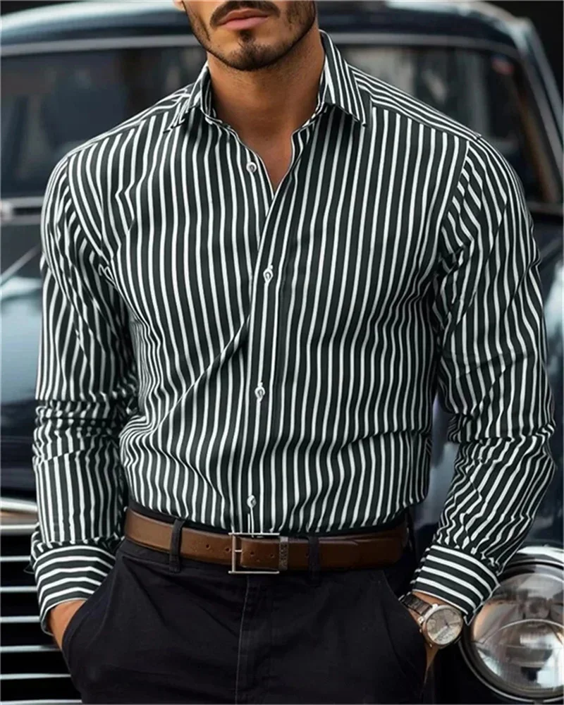 Camisa con botones para hombre, camisa informal de manga larga, color negro, rojo y azul, solapa a rayas, ropa de vacaciones diarias, Tops casuales