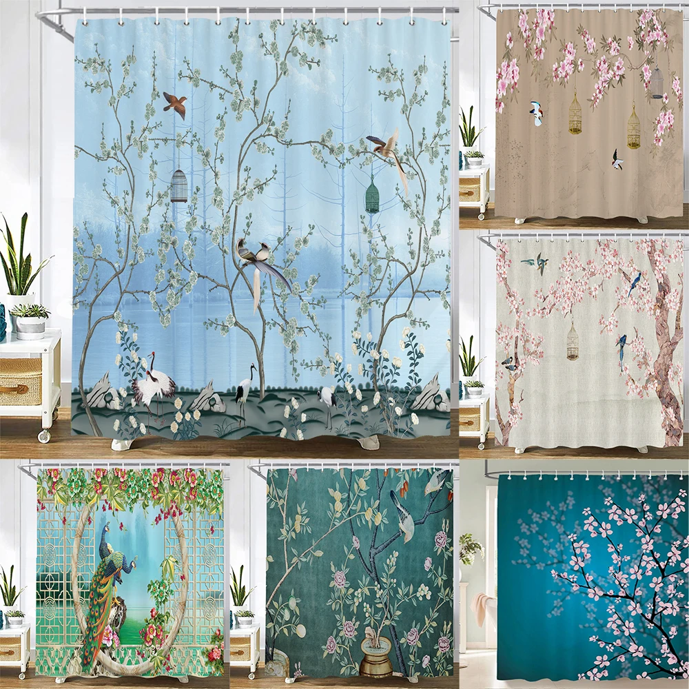

Занавеска для душа китайский стиль цветы птицы полиэстер