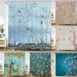 Chinese Style Flower Bird Shower Curtains Waterproof Bathroom   Curtain 3d Printed Fabric With Hooks Decoration Shower Curtain