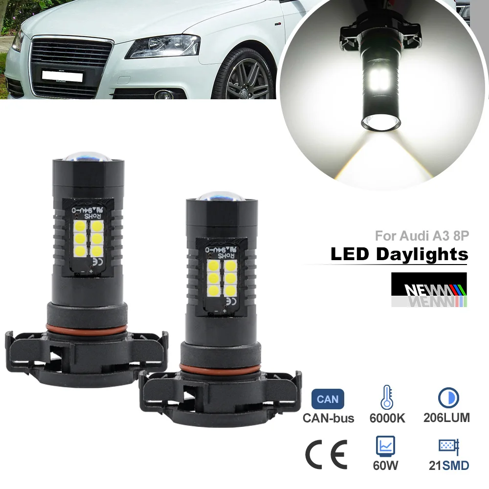 For Audi A3 8P 2008 2009 2010 2011 2012 5202 PS19W PS24W H16 LED Daytime Running Light Bulbs Canbus DRLs Car Headlamp Daylights