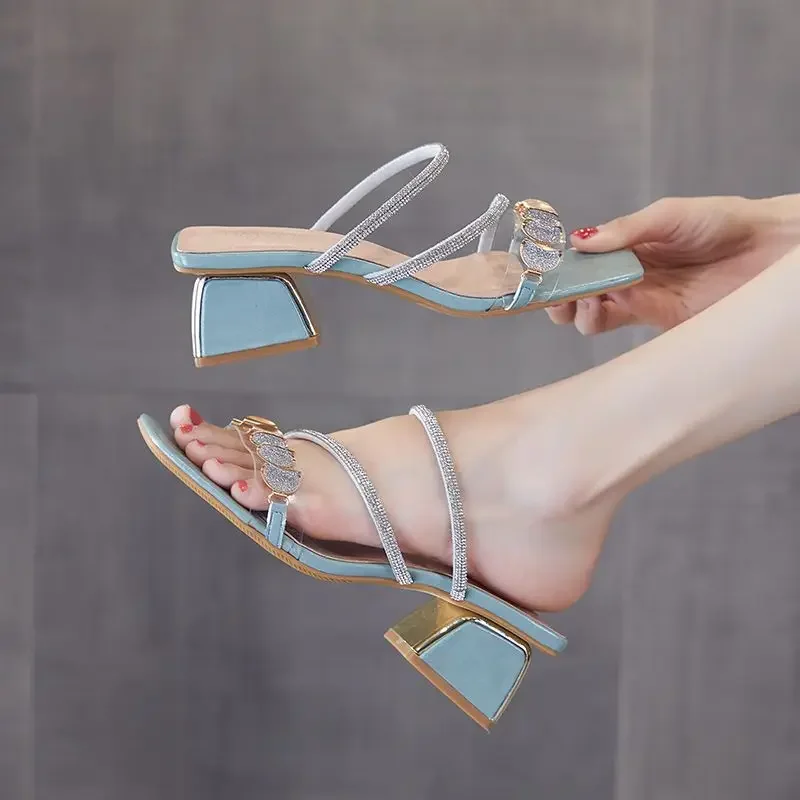 Outside Women's Slippers and Ladies Sandals Blue Heeled Slides Rhenstone Sexy Open Toe Indoor Job Shoes Luxury Casual W I Shoe Y image 5