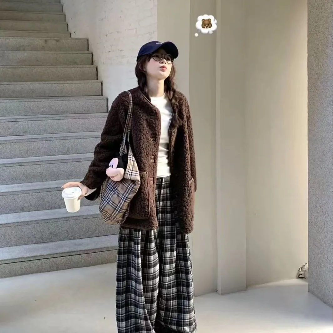 

Fall Winter Brown Lamb Fur ort Coat Women's Leather And Fur Inteated Slimming Meat Covering Outerwear Long Sve C...