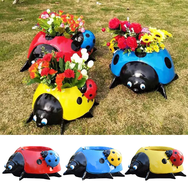 Outdoor Garden Sculpture Seven Star Ladybug Beetle Ornaments Flower Pot Decoration Landscape Cartoon Insect Figurine Statue