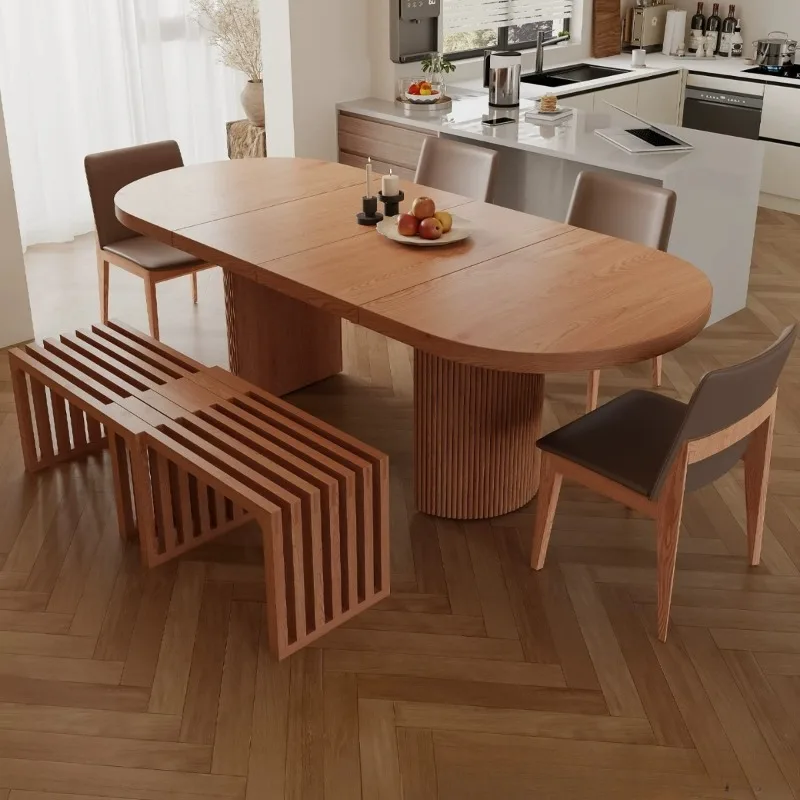 Small apartment solid wood retractable dining table oval 2 meters medium and ancient style square pull bed and breakfast