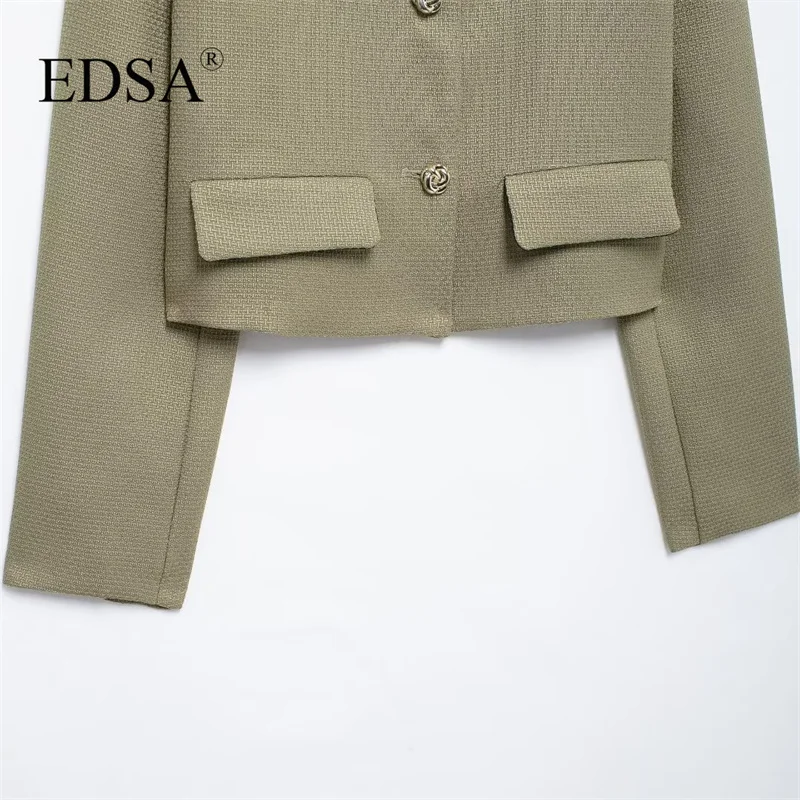 EDSA Women Blazer Cropped Tweed Jacket with Flap Pockets for Office Lady Single Breasted Turn-down Collar Suit Coat