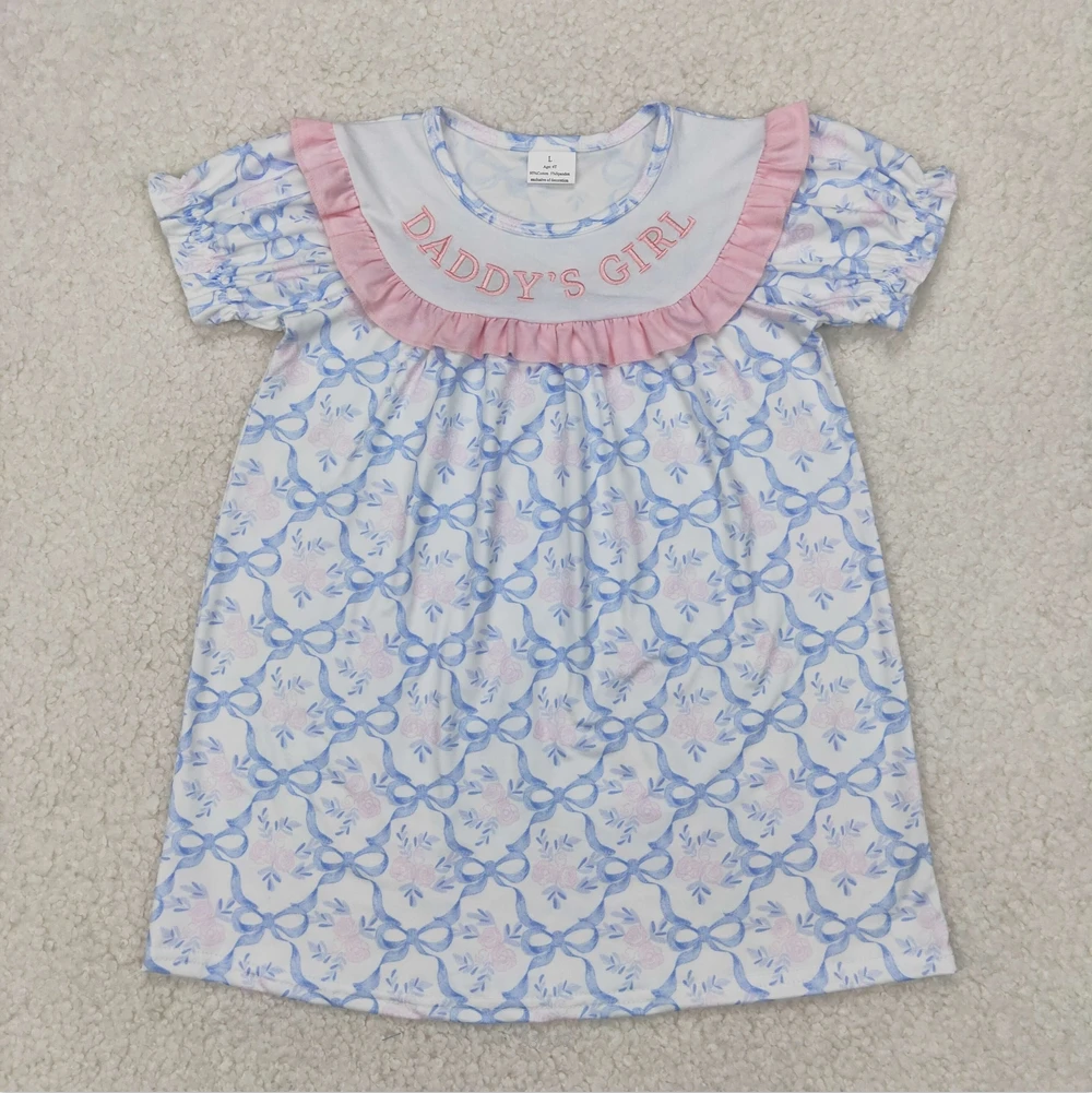 

Wholesale Baby Girls Kids Clothes Toddler Embroidery Baby Girls Short Ruffle Sleeves Blue Bows DADDY'S GIRL Knee Length Dresses