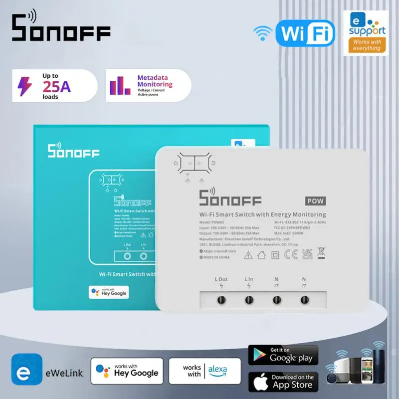 SONOFF POWR3 WiFi Smart DIY Switch Power Metering Wireless Switches Overload Protection Energy Saving Via Alexa Voice Conrol