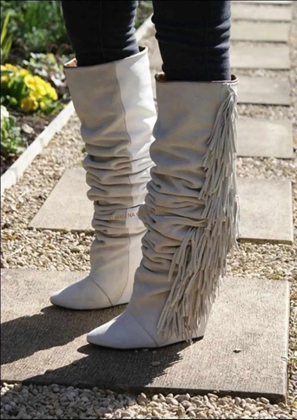 ALMUDENA Women Knee High Suede Fringe Boots Black White Wedged Tall Boots Brand Fashion Women Motorcycle Tassel Boots Dropship