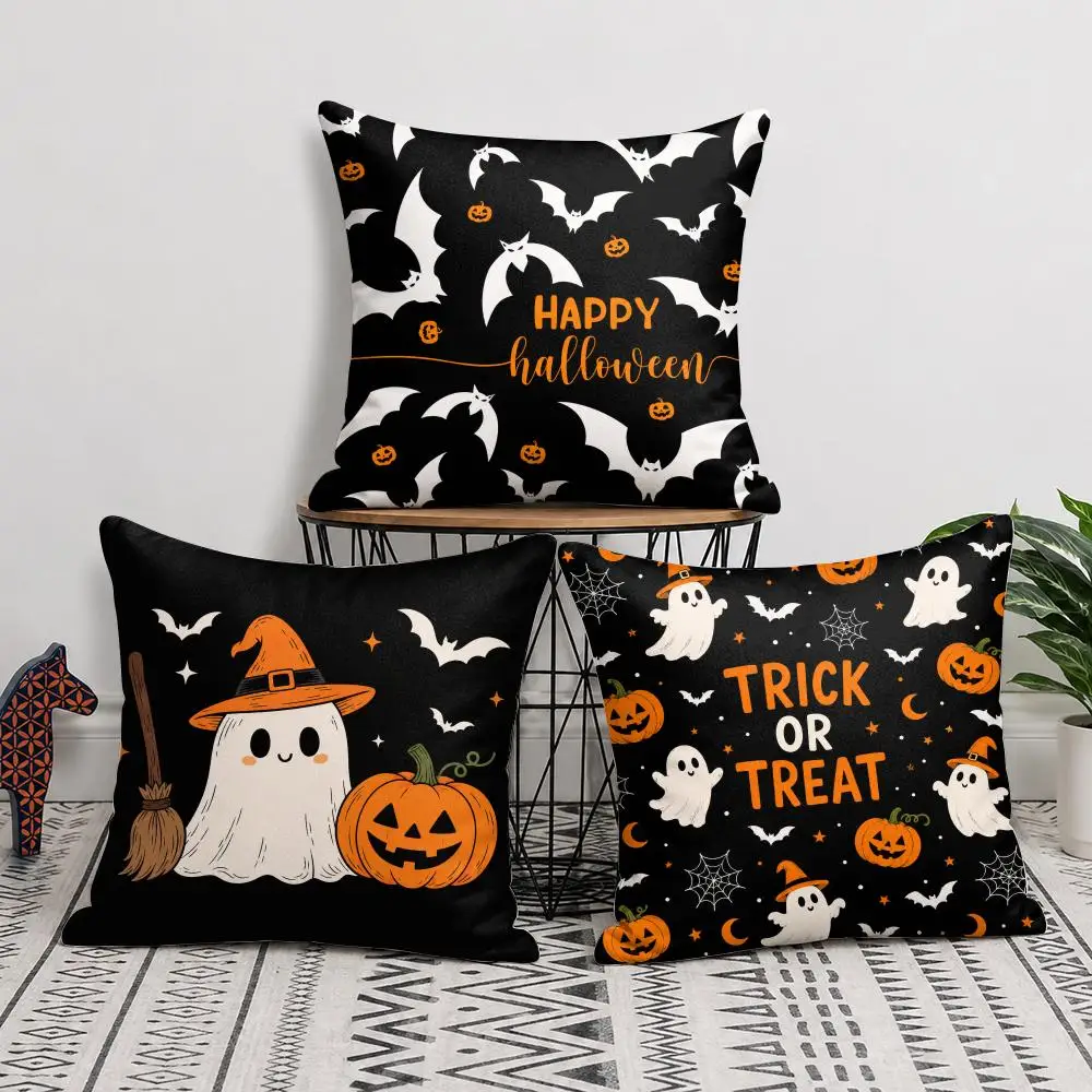 Halloween Trick or Treat Ghost Cushion Cover Short Plush Double Sided Printed Soft Pillow Case Home Sofa Decor Festival Gifts