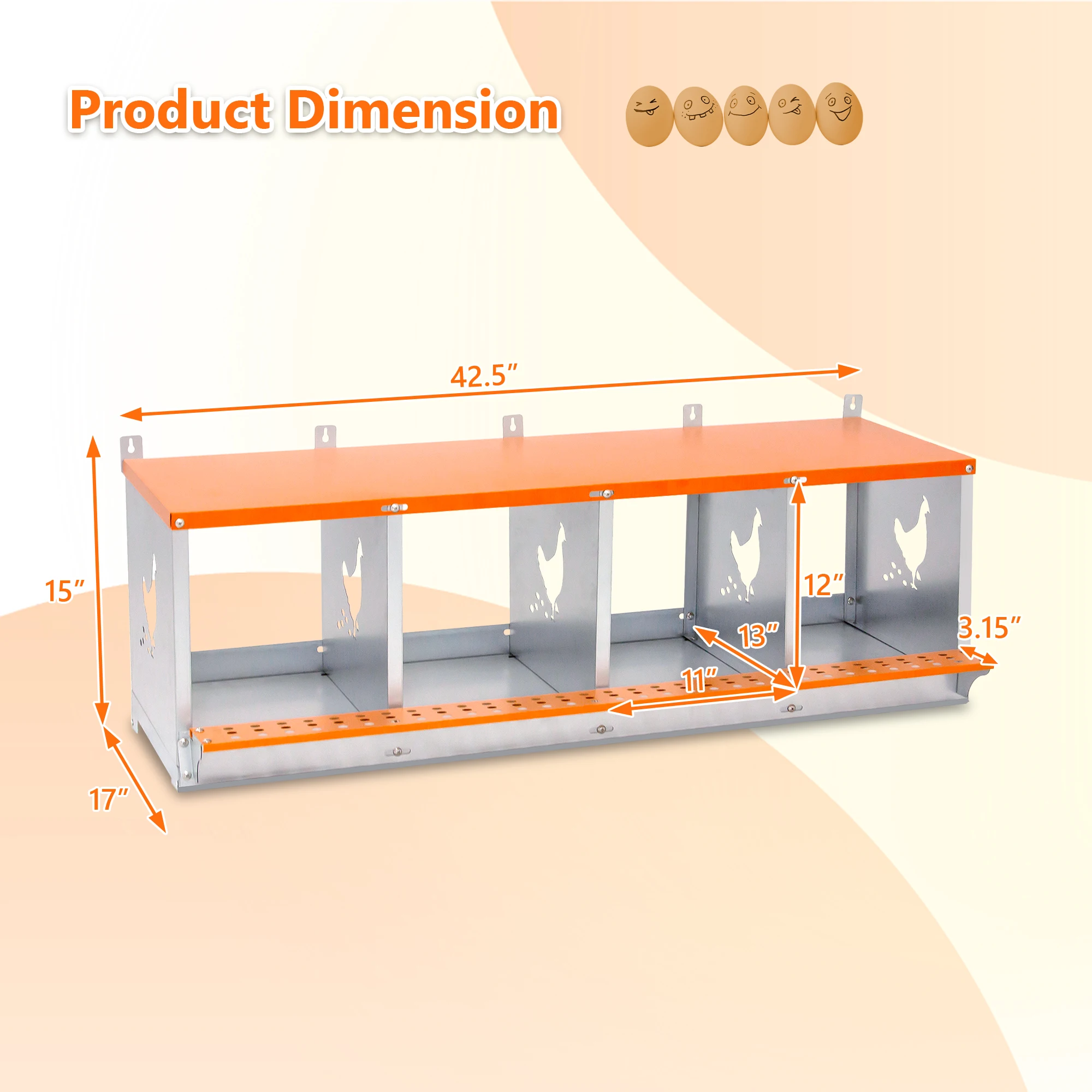 4 Bay Wall Mount Metal Nesting Box Heavy Duty Galvanized Steel Vented Egg Laying Coop for Hens and Ducks Orange Easy Assembly