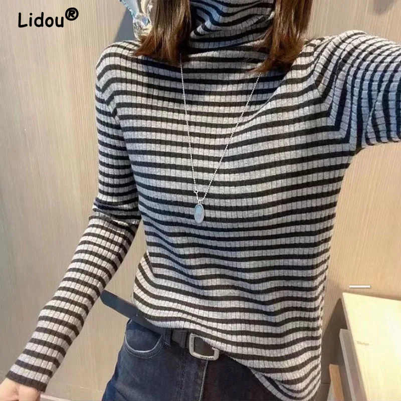 Autumn Winter Striped Turtleneck Knitted sweaters for women 2022 new long sleeve top Women sweater All-match bottoming shirt