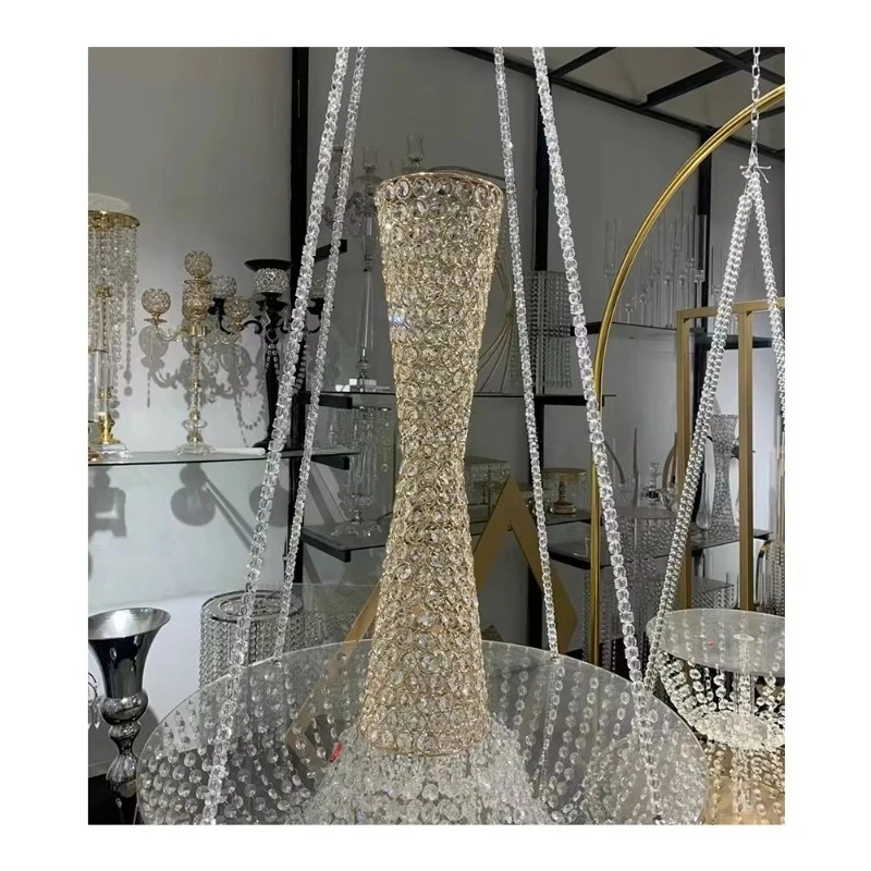 Wedding flower ornament bracket crystal beaded gold flower stand glass vase wedding ornament