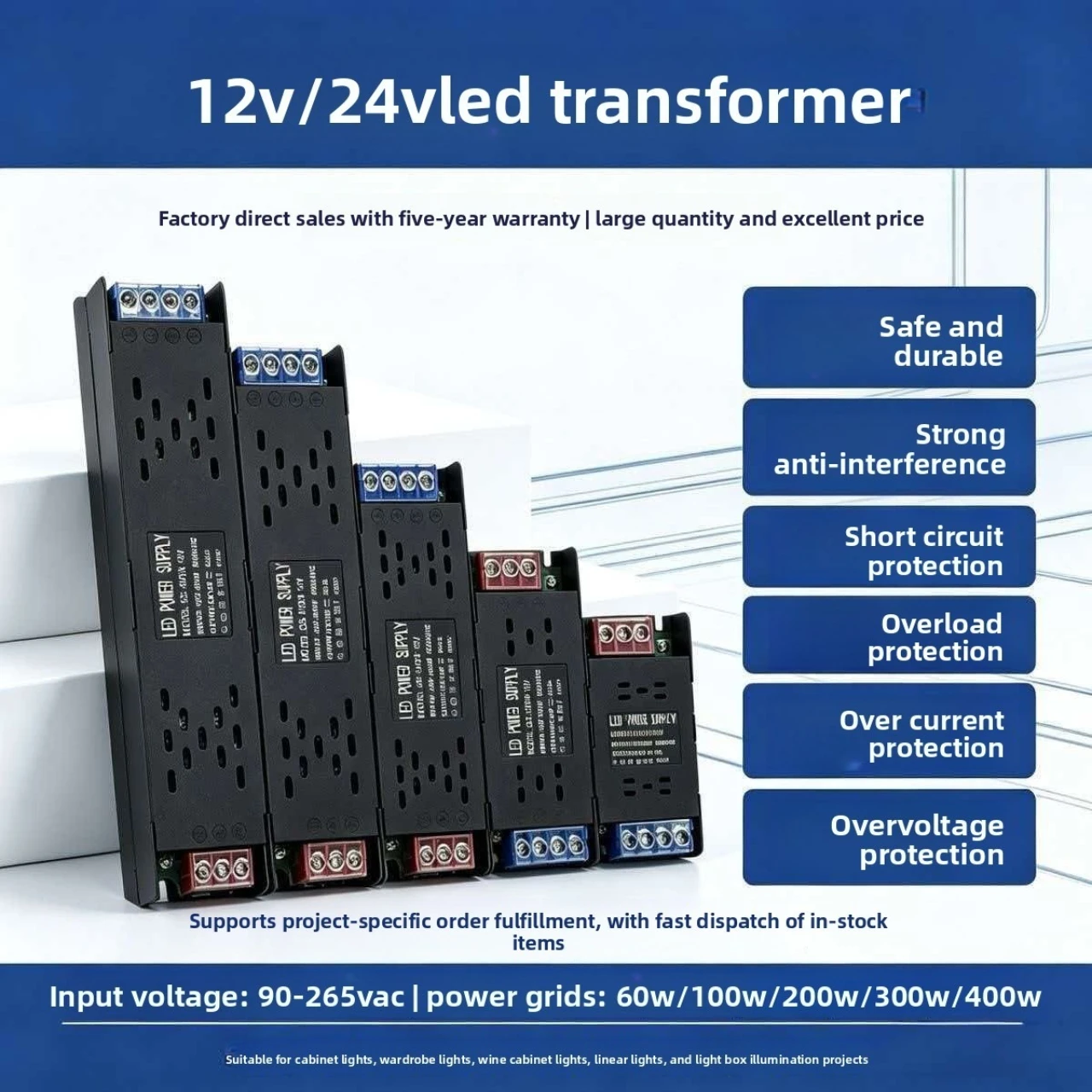 LED Power Supply AC190-240V DC12V 24V Mute Lighting Transformer LED Converter Light Driver Power Adapter 60W 100W 200W 300W 400W