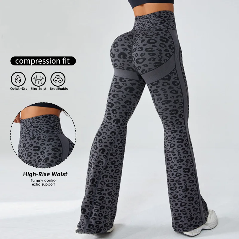 European and American Autumn and Winter Micro Yoga Pants High Waist Hip-Lifting Sports Wide Leg Pants Leopard Print Ropa Mujer