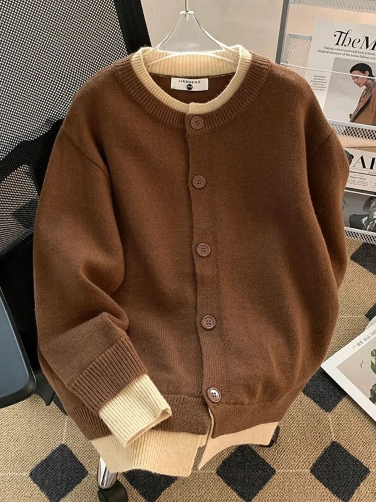 

American Sle Vintage Men's Loose Knitted Sweater Autumn Winter Trendy All-Match Open Cardigan Long Sve round Ne ...