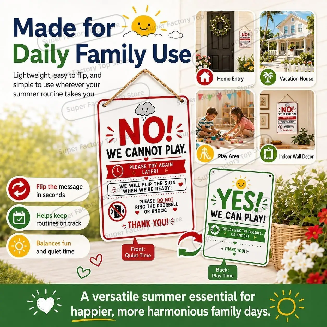 Reversible Playtime Door Sign with ,Double Yes/No We Cannot Play Metal Door Hanger,Quiet Time Sign for Kids,Home,Porch,Classroom