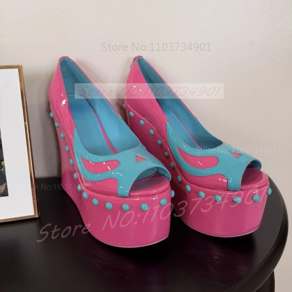 Hot Pink Peep Toe Platform Wedges Sandals Women Twotone Rivets Round Toe Pumps Whimsygoth Y2K High Heels Shoes
