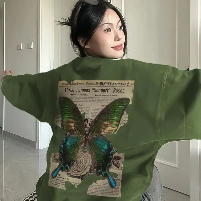 

Sweatshirt Long-Sleeved High-End Butterfly Print American Style Lazy Green Women'S Spring And Autumn New Popular Sweatshirt