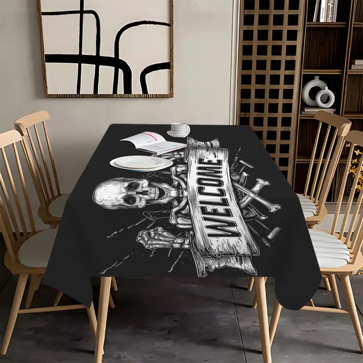 Gothic black and white skull bone tablecloth - Square woven fabric, easy to clean surfacezyc