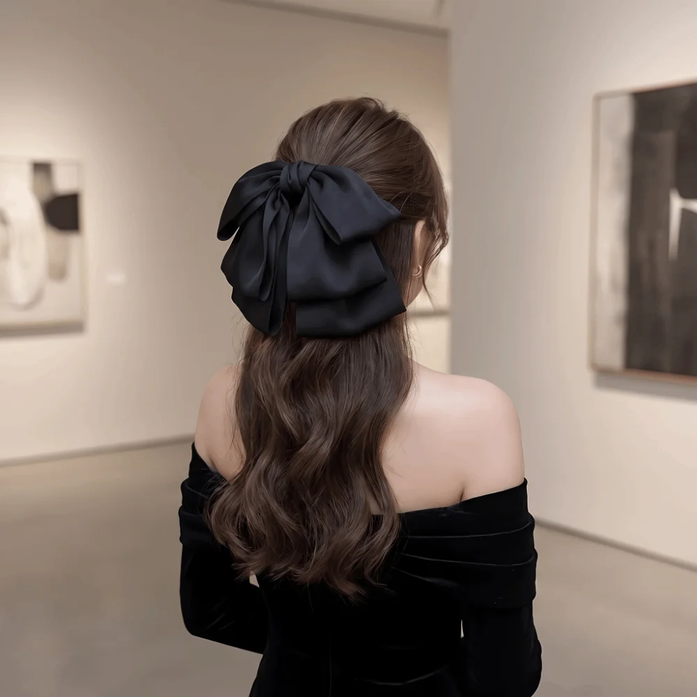 Wide Grip Oversized Bow Hair Claw Sturdy Non-Slip Hair Accessories Durable Long-Lasting Pure Black Hair Clamp Daily