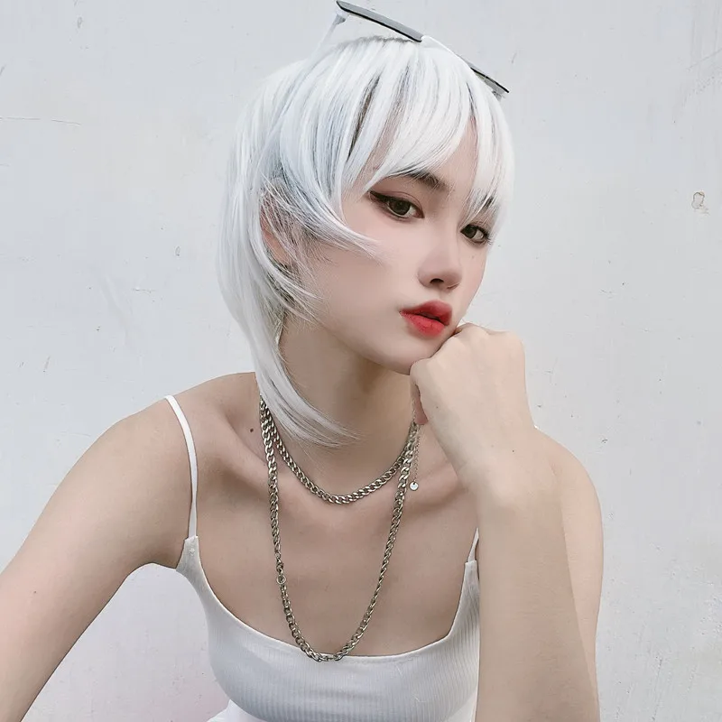 New short hair handsome mullet head white full head wolf-tail animation wig high temperature silk synthetic fiber hair