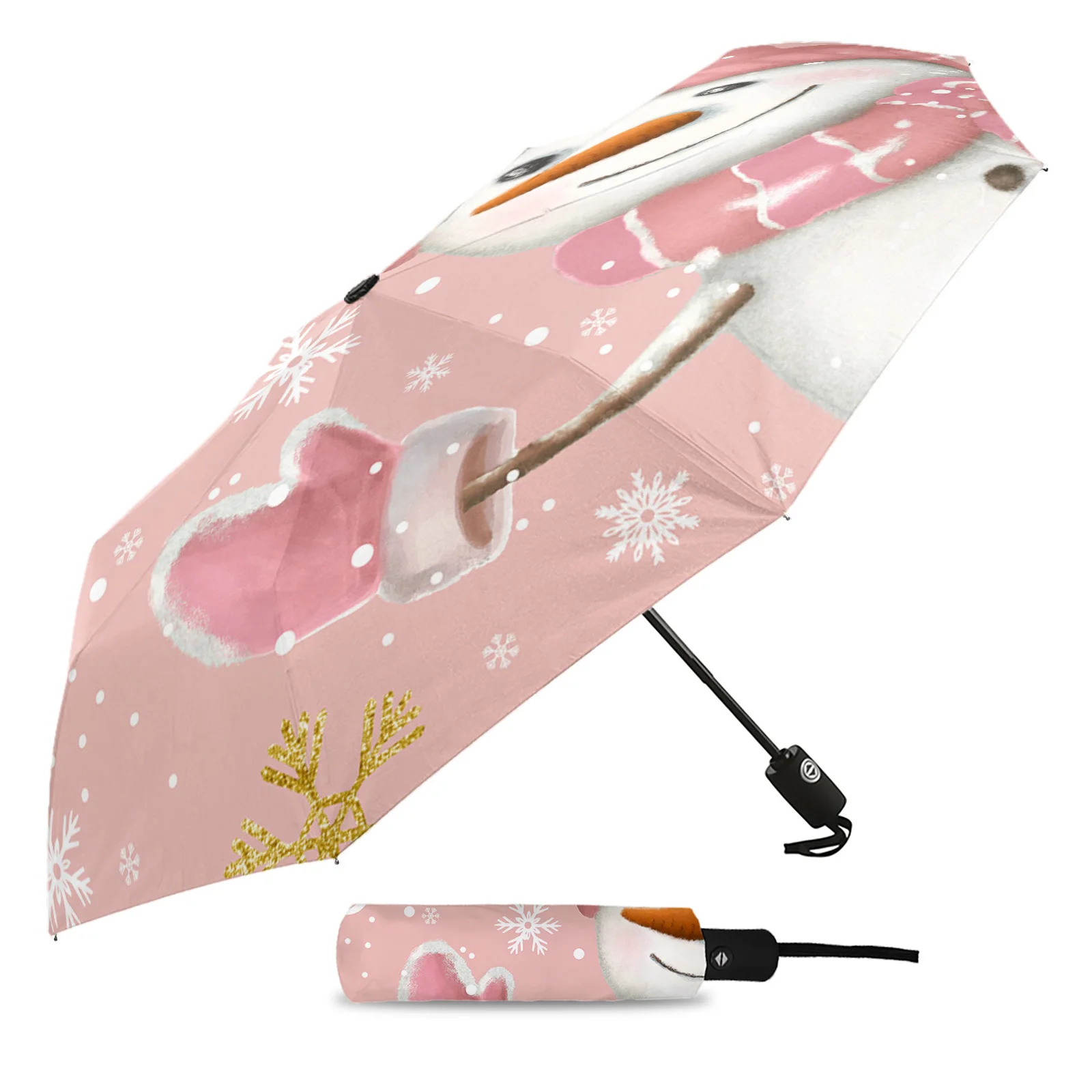 Christmas Pink Snowman Snowflakes Automatic Umbrella Travel Folding Umbrella Portable Parasol Windproof Umbrellas