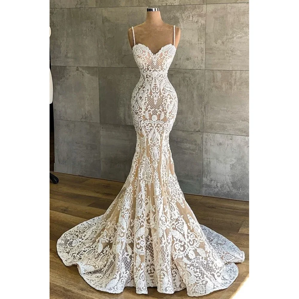 Elegant White Lace Appliques Wedding Dresses Chic Spaghetti Straps Sweetheart Mermaid Gowns Fashion Floor Length Bride Dresses