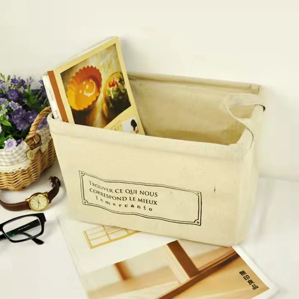 

Beige Linen Storage Basket High Quality Cotton Comfortable Texture Foldable Organizer Home Sundries Container Practical Handles