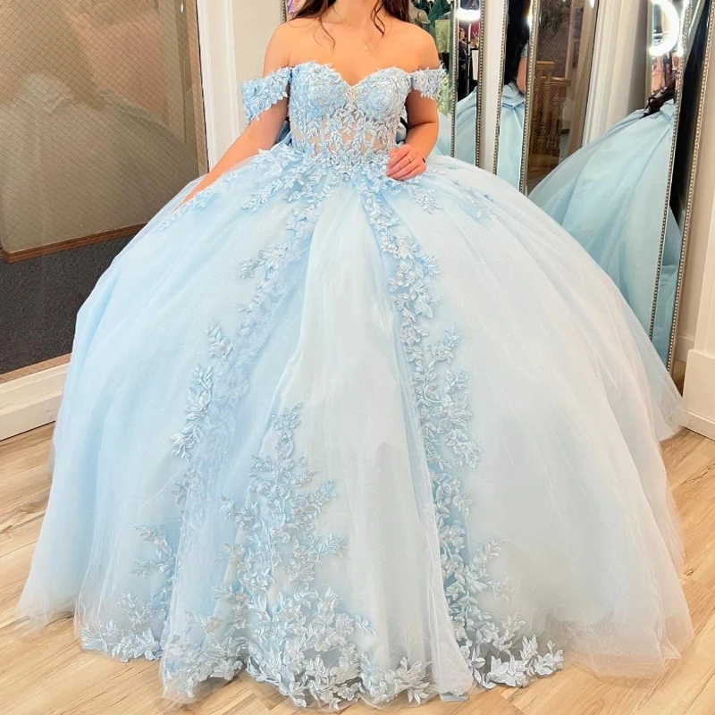 Robes de Quinceanera bleu ciel personnalisées, robe de Rh, appliques Off Initiated, nœud en dentelle, robe TehydrSweet 16, 15 ans, XV