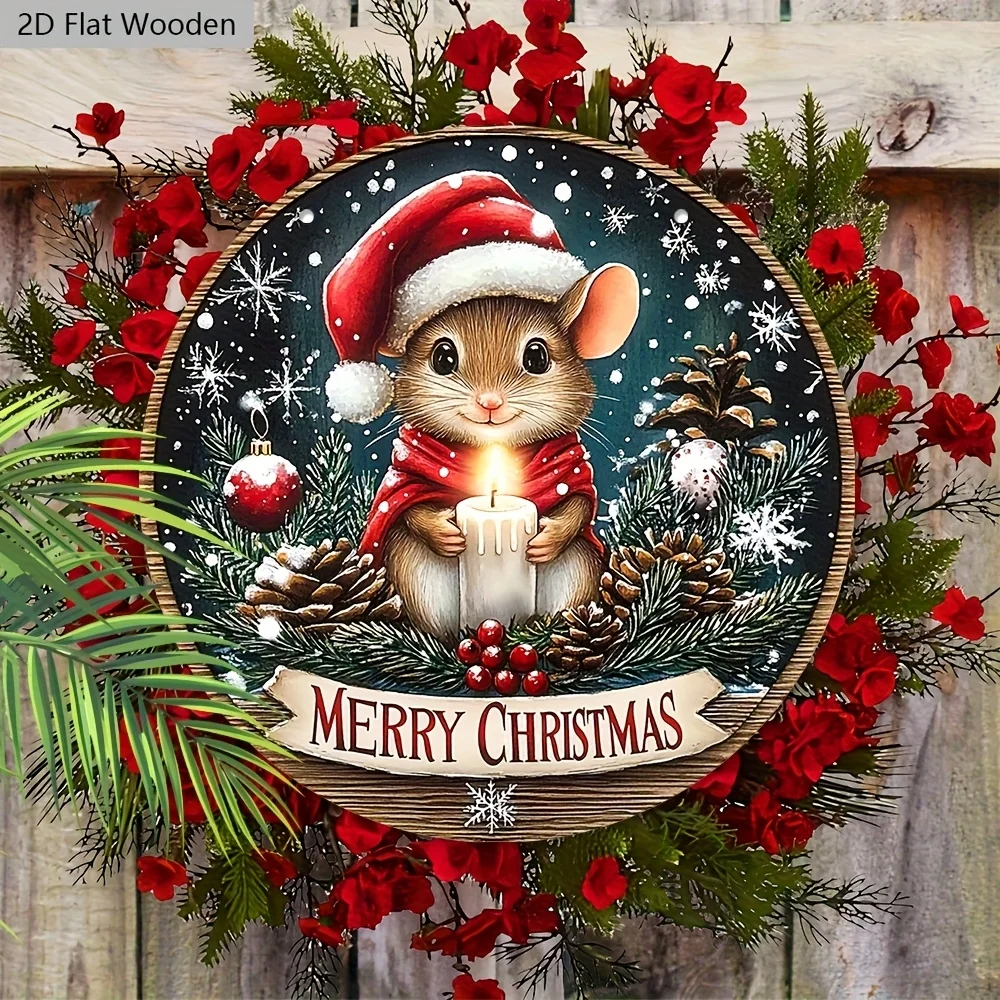 2D ländliche runde Weihnachtsdekorationen aus Holz, niedliche Weihnachtsmützen und Kerzen – festliche Schneeszene, Heimdekoration