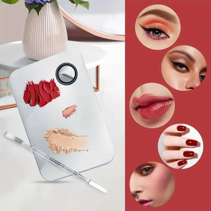 Mélangeur de maquillage en acier inoxydable, plaque de mélange de vernis à ongles, fond de teint, fard à paupières, Palette avec tige de spatule, outils de beauté, taches