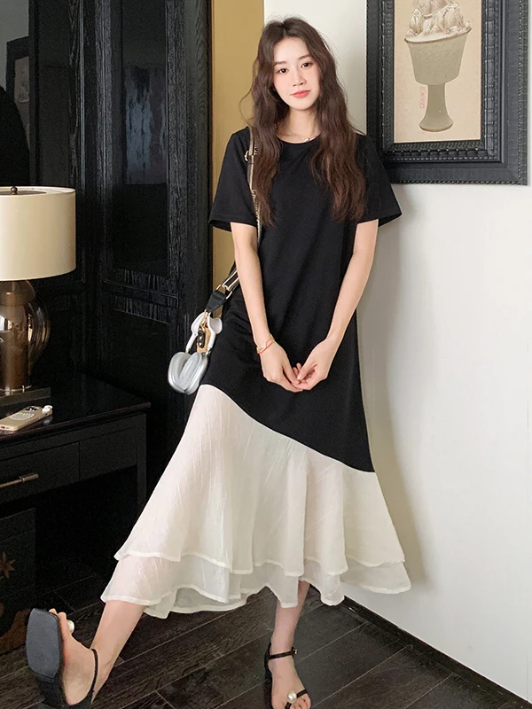 Bla épissage irrégulier Faion paresseux Sle femme Dr été nouveau t-shirt Dr ort Sve rond Ne jupe longue