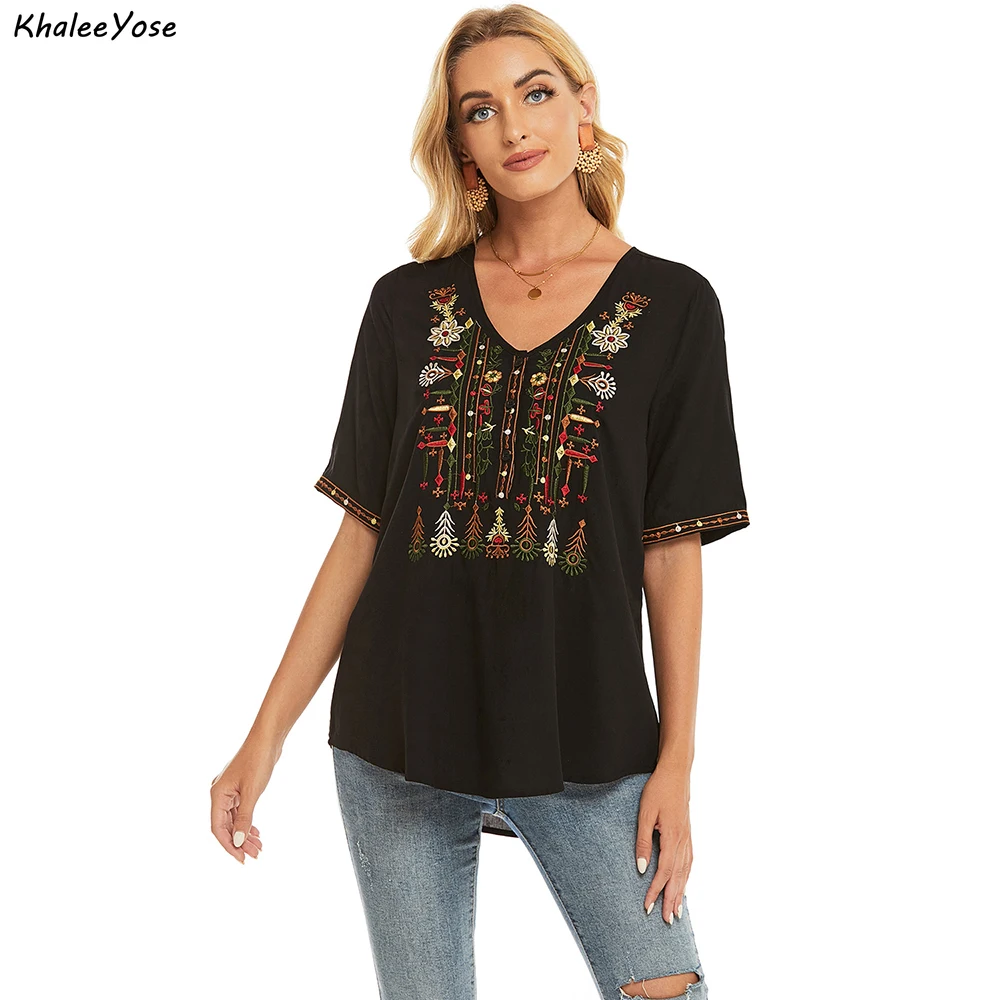 KHALEE YOSE Floral Embroidery Blouse Shirt Black Vintage Summer Mexican Women Shirt Oversized 2xl Ethnic Boho Ladies Shirt Tops